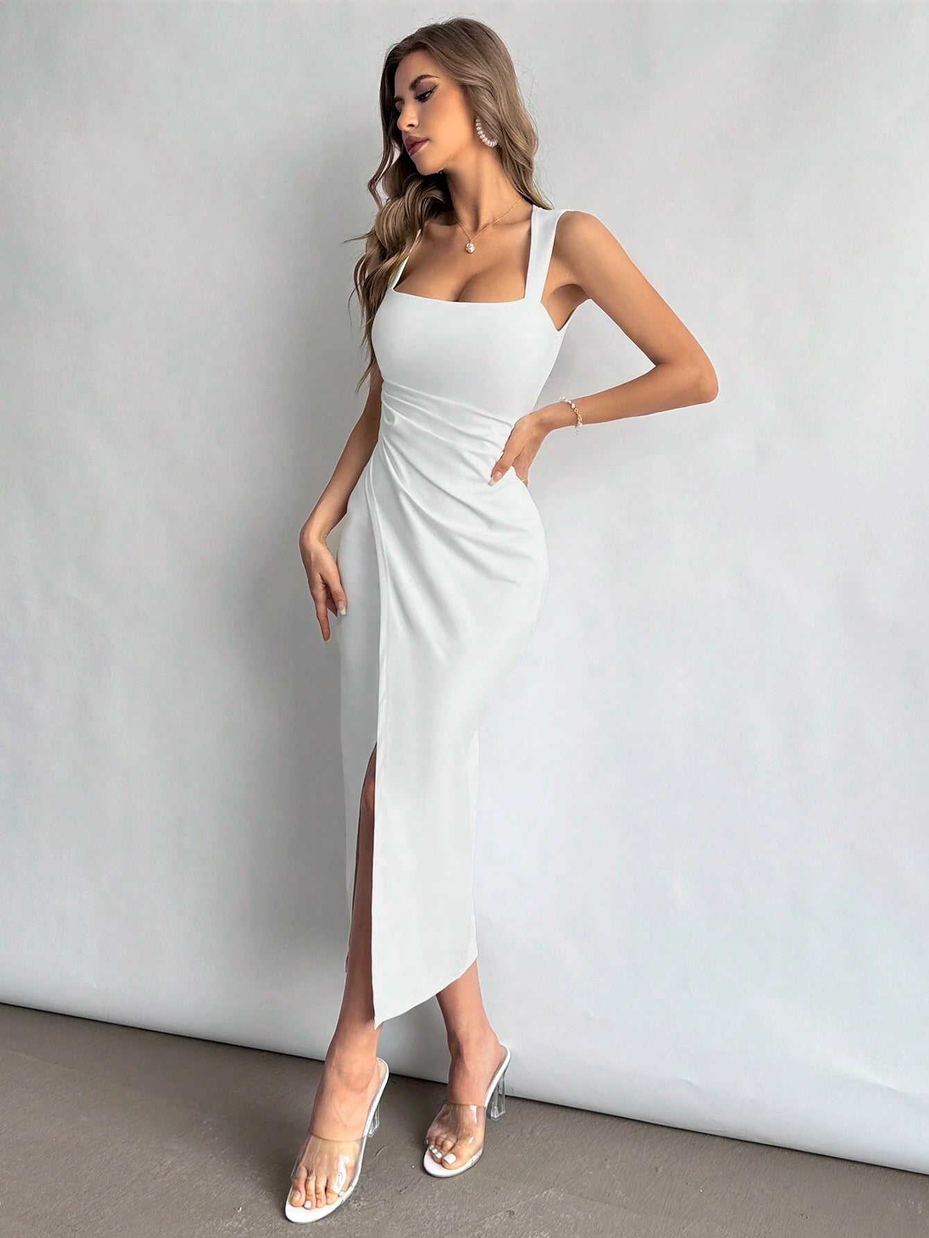 Firerie Women Square Neckline Ruched Waist Slit Dress