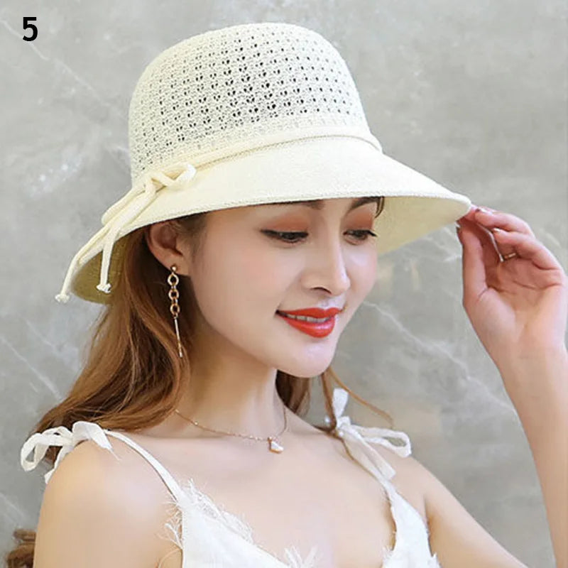 Foldable Fisherman Straw Bow Hat  Women Sunscreen Sweet Summer Vacation Casual Holiday Women's Girls Fashion Bucket Beach Hat