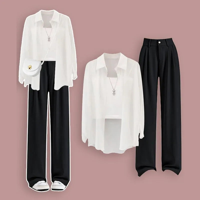 Women's Summer New Chic Sunscreen Chiffon Shirt+Sling+Suit Wide Leg Pants 3 Piece French Elegant Cardigan Trousers Matching Set