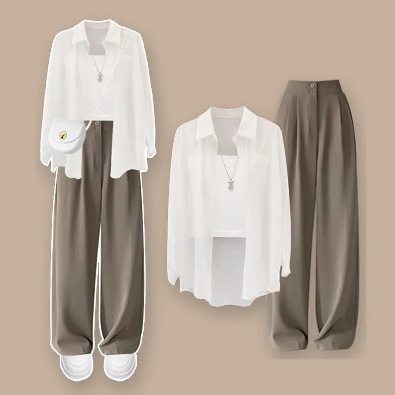 Women's Summer New Chic Sunscreen Chiffon Shirt+Sling+Suit Wide Leg Pants 3 Piece French Elegant Cardigan Trousers Matching Set