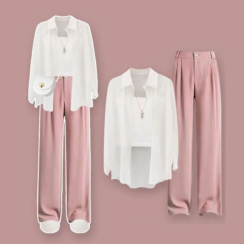 Women's Summer New Chic Sunscreen Chiffon Shirt+Sling+Suit Wide Leg Pants 3 Piece French Elegant Cardigan Trousers Matching Set