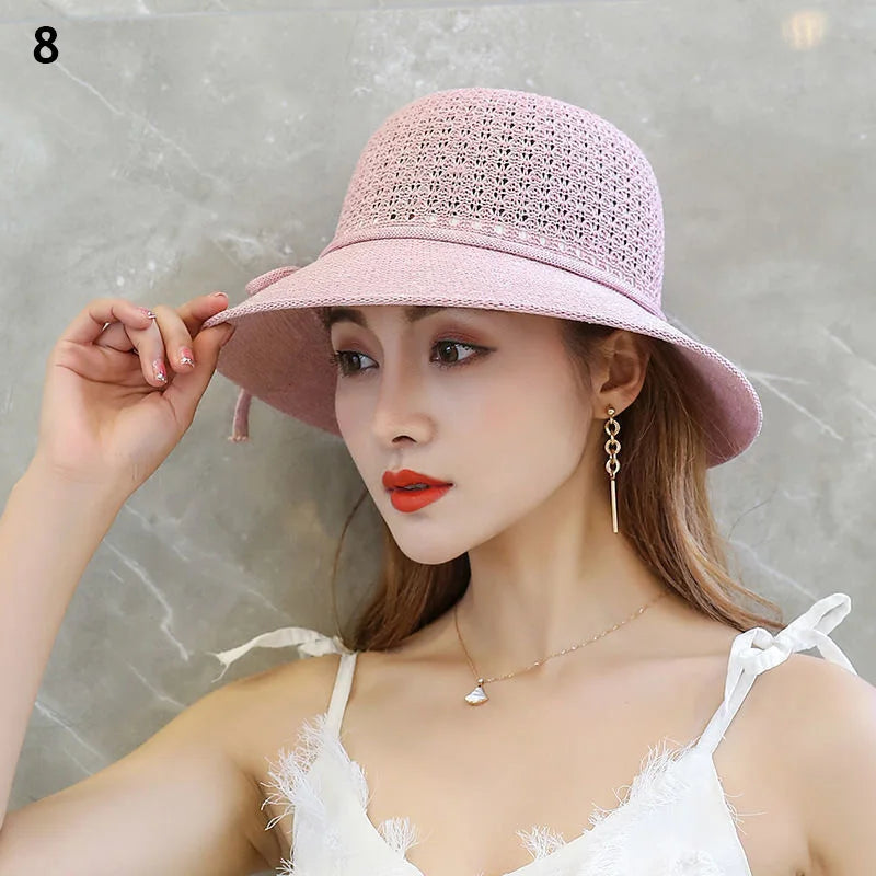 Foldable Fisherman Straw Bow Hat  Women Sunscreen Sweet Summer Vacation Casual Holiday Women's Girls Fashion Bucket Beach Hat