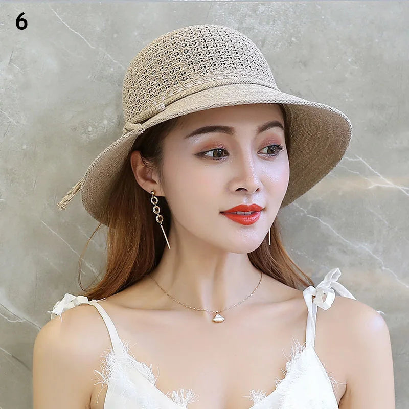 Foldable Fisherman Straw Bow Hat  Women Sunscreen Sweet Summer Vacation Casual Holiday Women's Girls Fashion Bucket Beach Hat