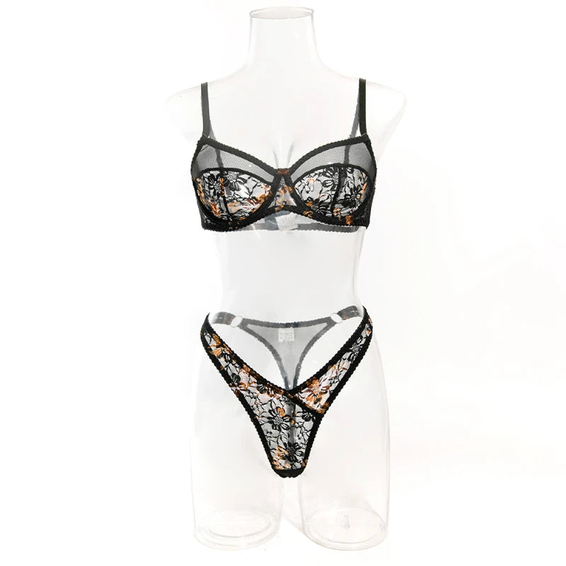 Toucheart Sexy Lingerie Bra Set for Women Lace Print Contrast Gathering Bra Set Lace Patchwork Mesh See-through Underwear Set