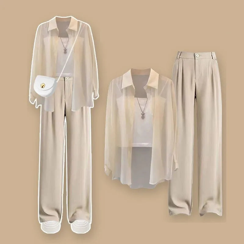 Women's Summer New Chic Sunscreen Chiffon Shirt+Sling+Suit Wide Leg Pants 3 Piece French Elegant Cardigan Trousers Matching Set