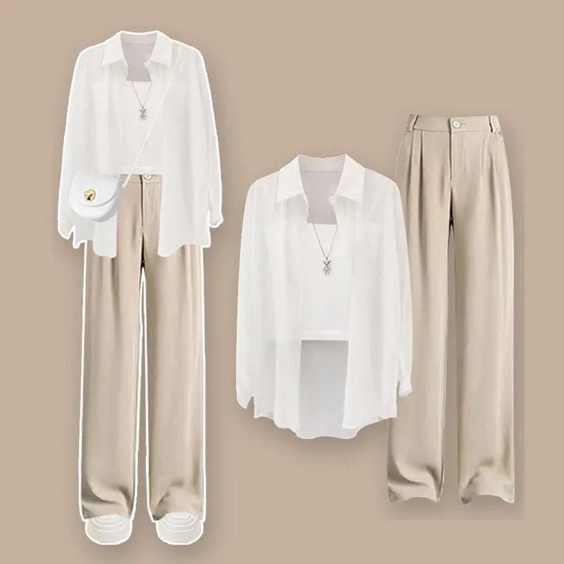 Women's Summer New Chic Sunscreen Chiffon Shirt+Sling+Suit Wide Leg Pants 3 Piece French Elegant Cardigan Trousers Matching Set