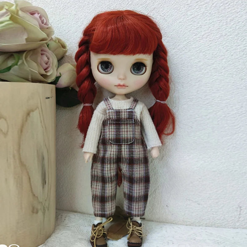 Casual Blyth Doll Clothes Rompers Plaid Pants Long Sleeve Top Suit Doll Trousers for Ymy Licca Azones Ob24 Ob27 Doll Accessories