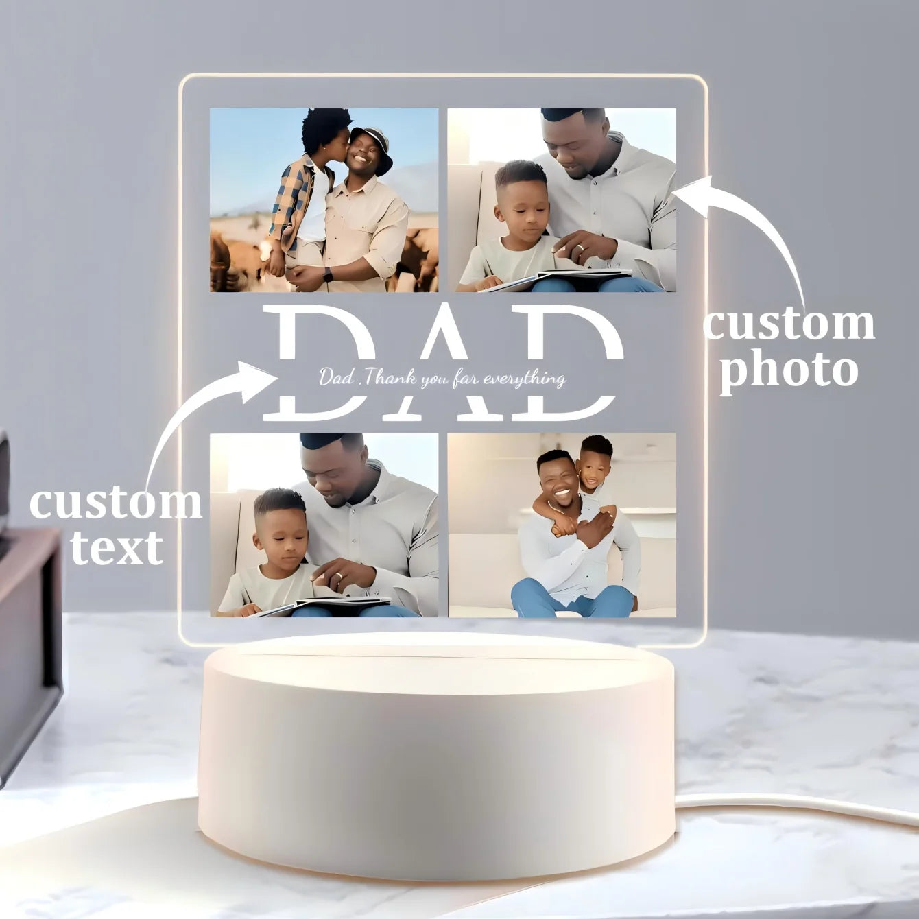 Personalized Photo Custom Acrylic Night Light, Home Decoration Gift for Dad, Birthday, Festival, High Quality, Fashionable, Refined Customization, Personalized, Unique Ideal Gift for Her, Father's Day, Family, Office