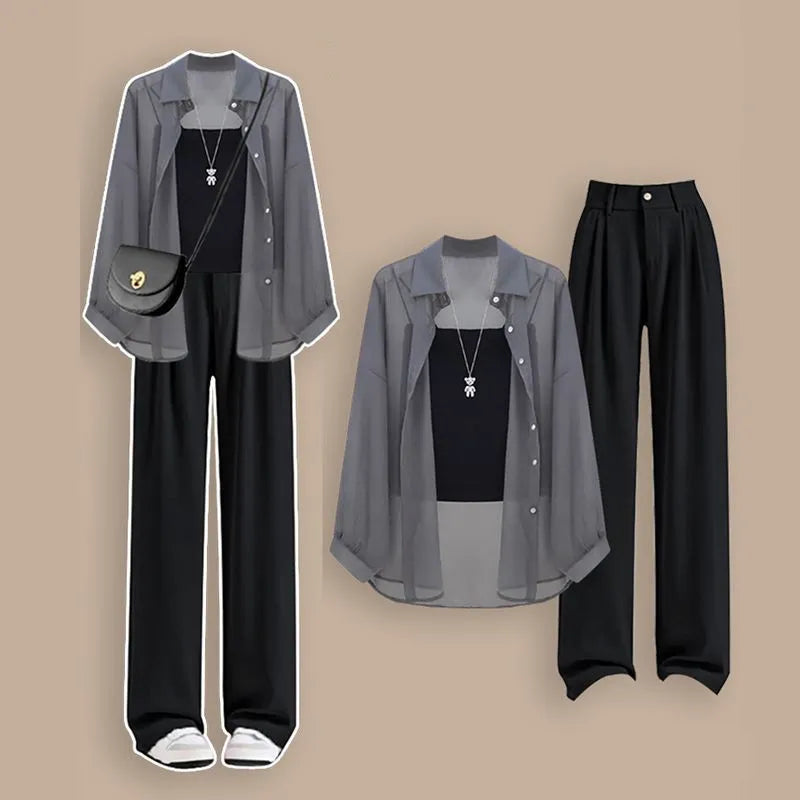 Women's Summer New Chic Sunscreen Chiffon Shirt+Sling+Suit Wide Leg Pants 3 Piece French Elegant Cardigan Trousers Matching Set
