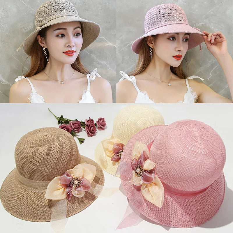 Foldable Fisherman Straw Bow Hat  Women Sunscreen Sweet Summer Vacation Casual Holiday Women's Girls Fashion Bucket Beach Hat