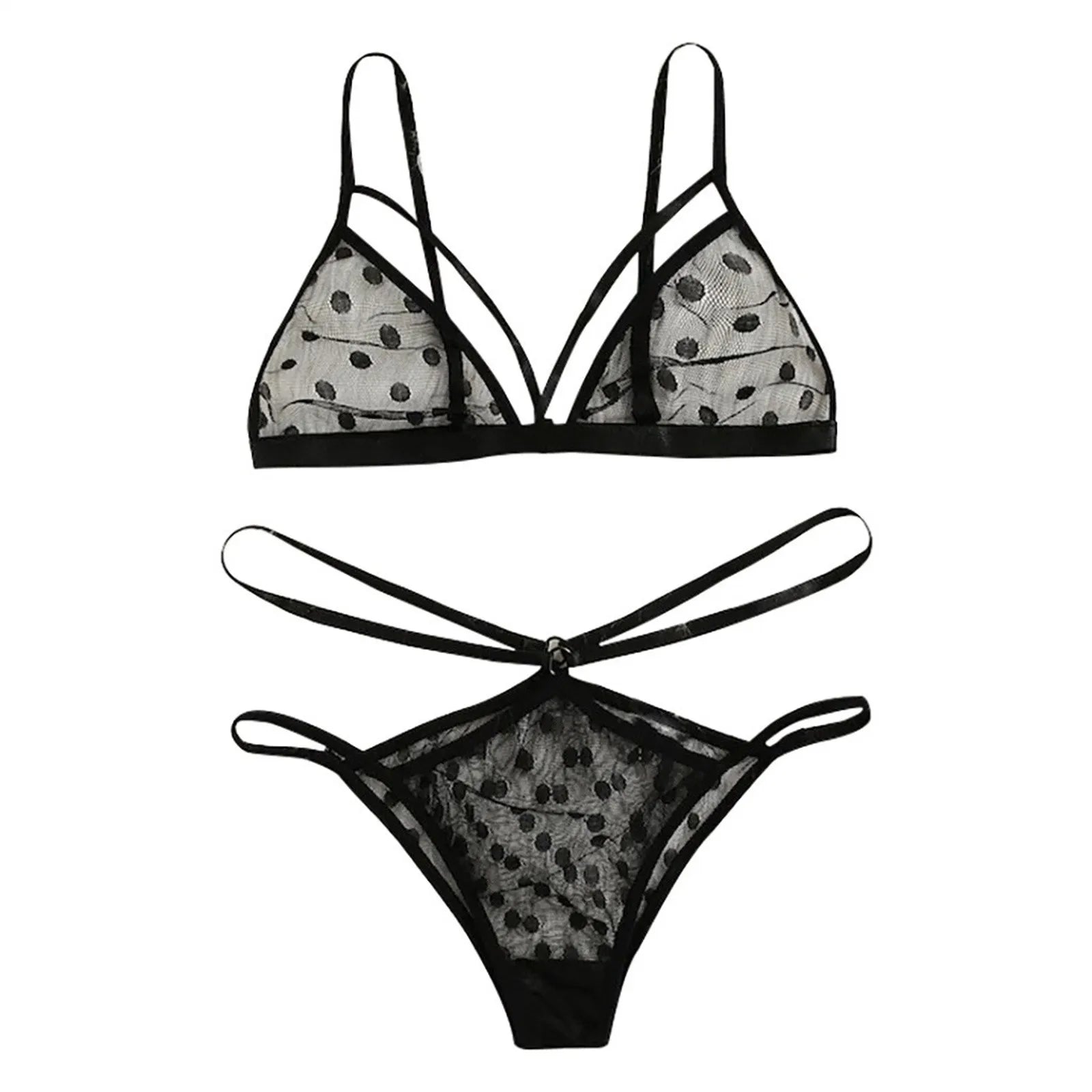 Women'S Polka Dot Lace Lingerie Set Mesh Perspective Sexy Bra Set Thong Underwear Set Women Black Red Lingerie Sexy Sets