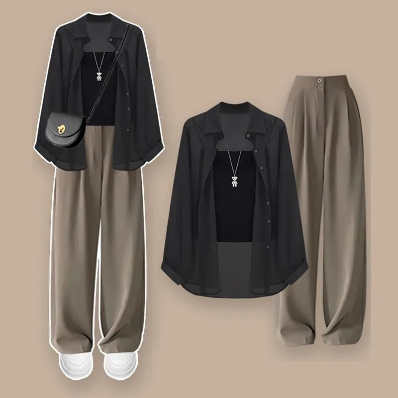 Women's Summer New Chic Sunscreen Chiffon Shirt+Sling+Suit Wide Leg Pants 3 Piece French Elegant Cardigan Trousers Matching Set