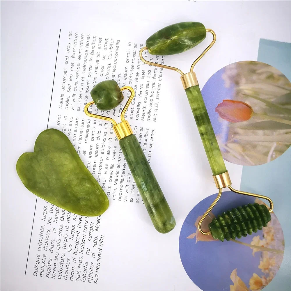 Natural Jade Roller Massager for Face Body Back Foot Massage Roller Facial Liftting Anti-wrinkle Double-end Gua Sha Jade Stone
