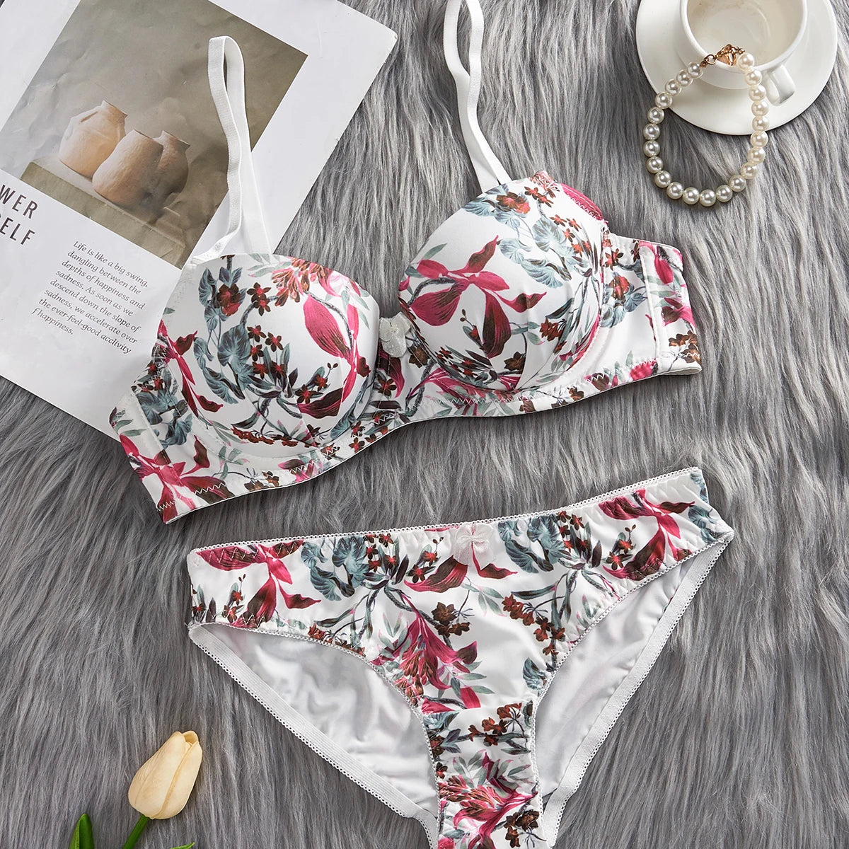1 Set/Women Underwear Fashion Sexy Flower Printing Bra Set Underwire Push Up Brassiere Adjustable Strap Bras and Panties Set
