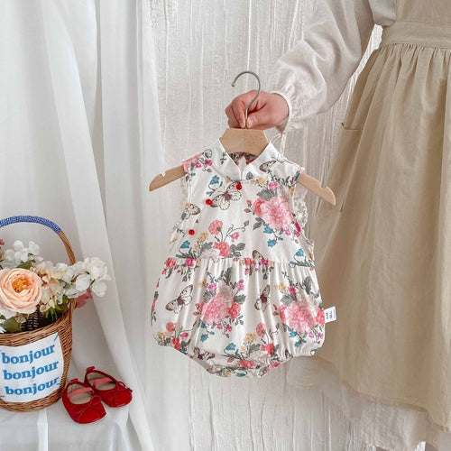 Summer Arrival Baby Girls Cute Floral Sleeveless Stand Collar Onesies